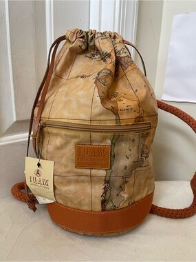 Alviero Martini Tan Map-Print Drawstring Backpack with Brown Trim NWT